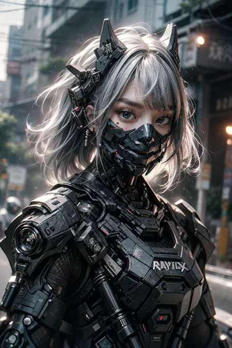 [gothpunk|robot], roblit, 1girl, solo, walking in Harajuku, white eyebrows, glowing hair, (iridescent white hair), earrings, bangs, jewellery, mask, blunt bangs, (iridescent eyes, glowing eyes, green eyes, mouth mask), hair ornament, looking at the viewer, short hair, portrait, sidelocks, <lora:Gothpunk:1>, <lora:Mecharobot:0.8> detailed background, in street
BREAK
outdoors, twilight, raytracing <lora:add_detail:1>