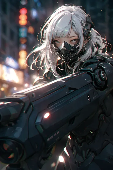 anime girl with a gun in a city at night