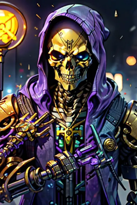 1_man, Skeletor, robot_chest, bare_chest, blue_chest, skull, golden_skull, yellow_skull, no_hair, bald, wearing_hood, no_skin, robot_skull, black_lenses, clawed_hands, staff, holding_cyberpunk_staff, holding_ram s_head_staff, holding_goat s_head_staff, holding_mechanical_staff, crossbones_necklace, x_shaped_necklace, purple_trenchcoat, purple_hood, hood_up, rainy_city, city_background, coat_flapping_in_wind, cyberpunk_aesthetic, neon_lights, highly_detailed_background, improve_facial_detail, masterpiece