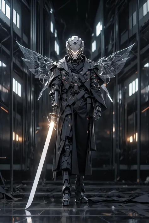 a close up of a person with a sword in a dark room