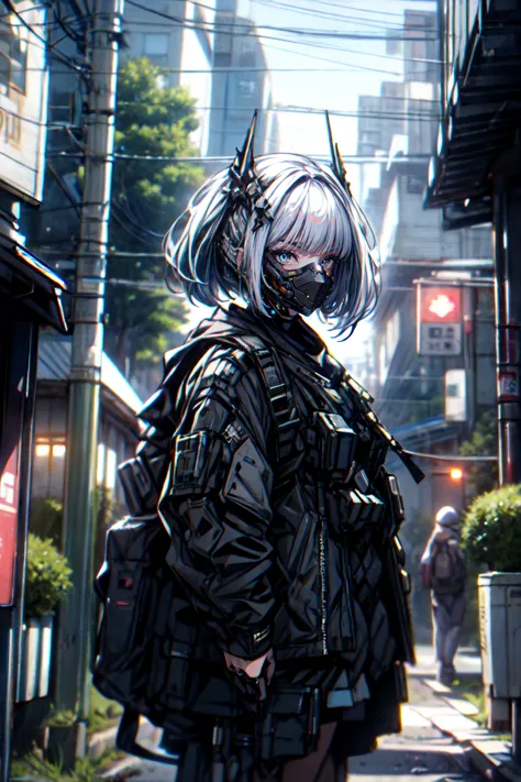 anime girl in a black outfit standing on a street corner