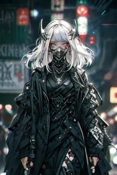 gothpunk, robot, 1girl, solo, walking in Harajuku, (bokeh, neon light:1.2), white eyebrows, glowing hair, (iridescent white hair), earrings, bangs, jewellery, mask, blunt bangs, (iridescent eyes, glowing eyes, green eyes, mouth mask), blurry background, blurry, hair ornament, (looking at the viewer), short hair, portrait, sidelocks, <lora:Gothpunk:1>, <lora:robotbattle:1>, <lora:add_detail:0.4>