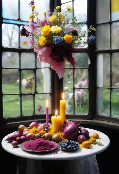 0.3&&easter, stained glass window, festive, pastel clothing (spring colors), spring garlands, lamb dish, Natural dyes (onion skins, beetroot, turmeric, blueberries) 0.3&&gardens, candlelight