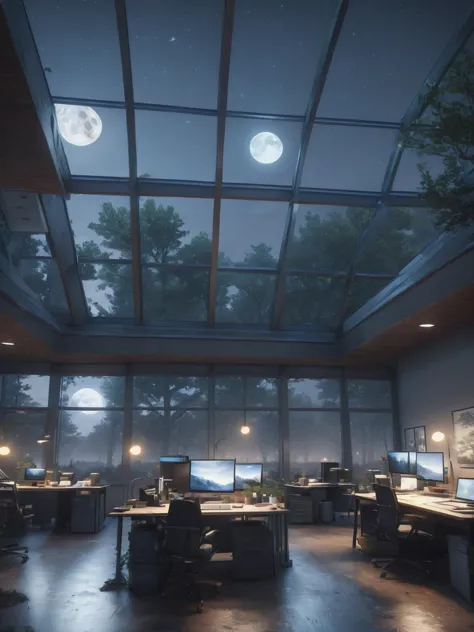 ((best quality)), ((masterpiece)), ((realistic,digital art)), (hyper detailed), woodland moonlit night,office building,skylight,...