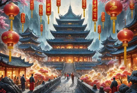 hyper detailed masterpiece,realistic, lunar newyear, Ink and wash painting, Cheerful, Spring scrolls, Vertical banners with wishes for the new year, Hanging decorations in red and gold, symbols of happiness and prosperity, Temples, Busy with worshippers praying for good fortune, surrounded by incense smoke and festive decorations, Fireworks and firecrackers, Lanterns  <lora:SDXL\DetailedEyes_V3><lora:ClearHand-V2>,<lora:released\DonM3t3rn1tyXL-v1.1-000008>