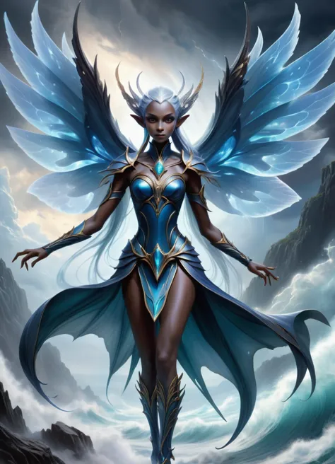 hyper detailed masterpiece, dynamic, awesome quality,dark elf, sylph, humanoid elemental being, delicate and ethereal being with...