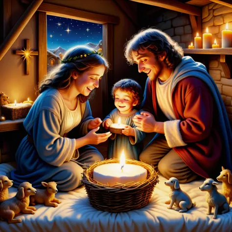 hyper detailed masterpiece, dynamic realistic digital art, awesome quality,  cozy and warm scenes, tiny tim, nativity scene, fil...