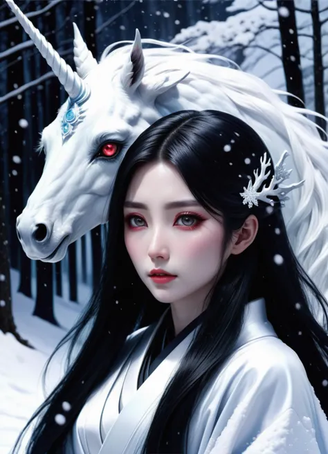 hyper detailed masterpiece, dynamic, awesome quality,unicorn, japanese snow spirit, female, cold ethereal beauty, burial robe, long black hair, pale skin, haunting eyes,  winter, snow, haunting, supernatural, stygical, demonic expression