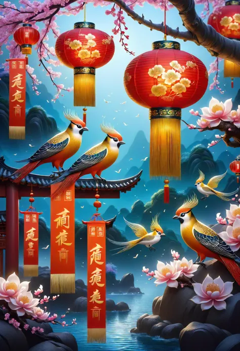 lunar newyear, Gongbi, Detailed brushwork often depicting birds and flowers, Festive, Spring scrolls, Vertical banners with wishes for the new year, Fish, Served whole for abundance and prosperity, Home interiors, Warmly decorated with red envelopes, lanterns, and spring couplets, ready for family gatherings, Wearing new clothes, Red lanterns  <lora:SDXL\DetailedEyes_V3> <lora:ClearHand-V2> <lora:released\DonM3t3rn1tyXL-v1.1-000008>