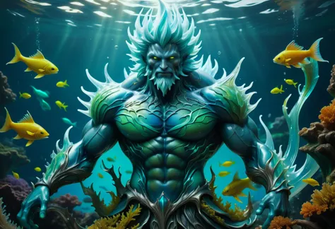 hyper detailed masterpiece, dynamic, awesome quality, frost, slime,spriggan, humanoid upper body,fish tail, muscular physique,   enchanting alluring appearance, aquatic beauty, aquatic hues, strength, mythtic allure, depth of the sea, lush,repellent,divided,patina,gripping,hygge,miraculous,injurious,high-paced