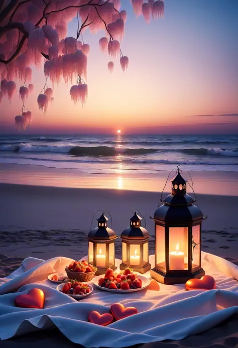 valentines day, surreal, romantic, candles, __valtentine/food__, beach sunset, romantic picnic in the park, soft lantern glow   ...