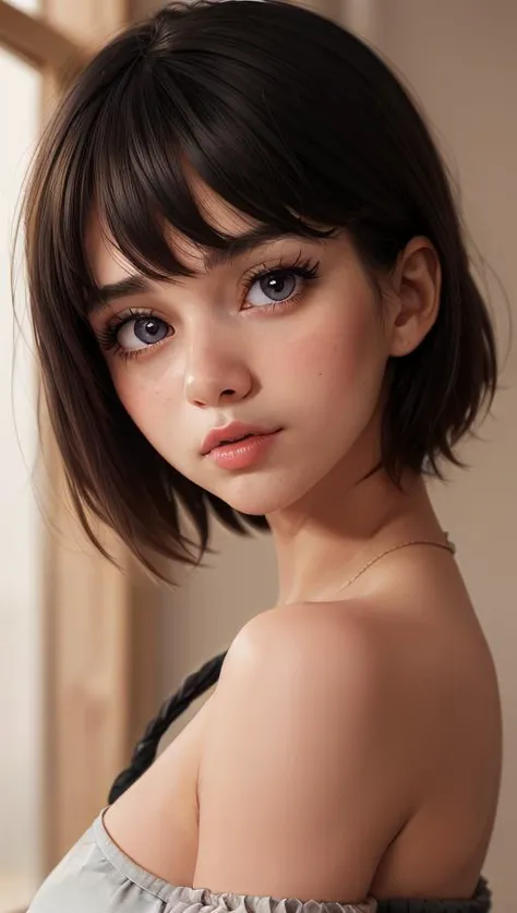 masterpiece, best quality, 1girl,  <lora:polyhedron_new_skin_v1.1:0.45>  detailed skin, short hair, messy hair, bangs, thick lip...