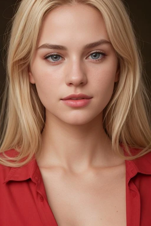 Необработанное фото, Портрет красивой блондинки в красной рубашке (скин с высокой детализацией:1.2), 8к ухд, зеркальная камера, мягкое освещение, высокое качество, зернистость, Фуджифильм ХТ3