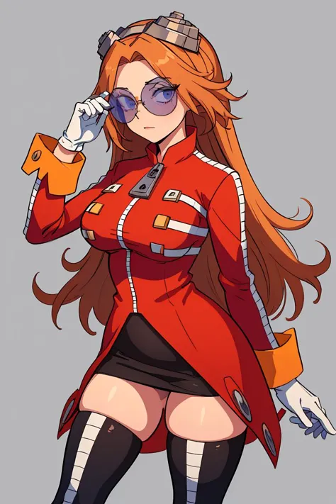 (masterpiece, best quality), 1girl, <lora:eggmaam:1> eggmaam, large breasts, wide hips, narrow waist, 1girl, solo, orange hair, long hair, red jacket, black skirt, black thighhigh boots, white gloves, round eyewear, blue-tinted eyewear, goggles on head