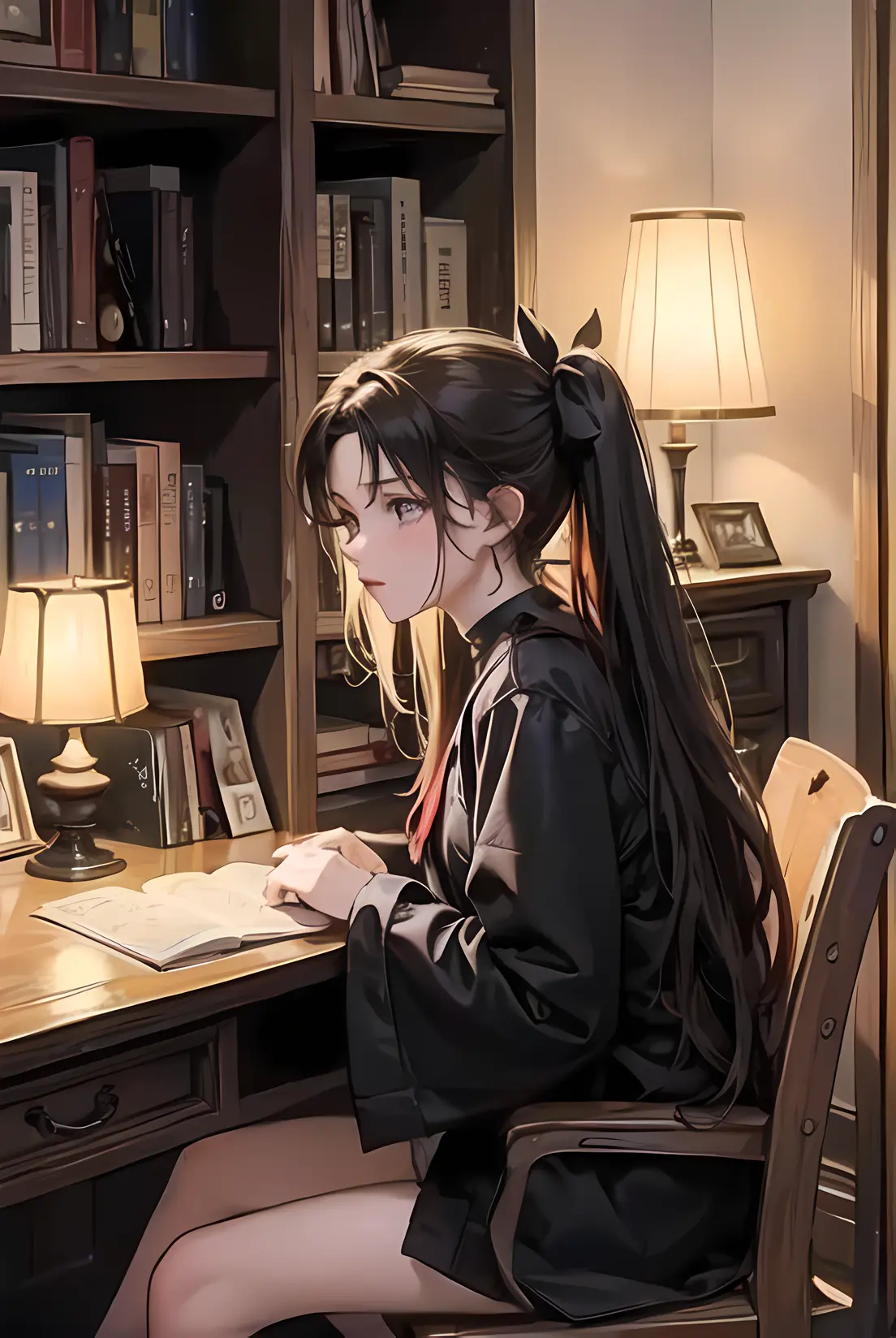 (masterpiece, best quality:1.4), (8k:1.3), ultra-detailed, highly detailed, extremely detailed light and shadow, Tyndall Effect, best light, 
1girl, tohsaka-rin, wind coat, twin tails, (extremely detailed face:1.2), close-up, earrings, 
the study, the bookshelves, the desk full of books, the kerosene lamp, the sun shines into the study, the dust shines in the sun, the leather chair, primitive interior decoration, occult atmosphere, magic and fantasy,