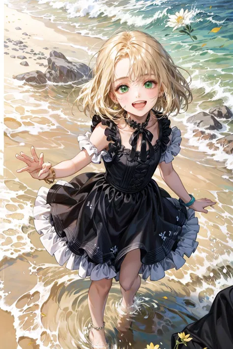 anime girl in black dress walking on beach with water and rocks