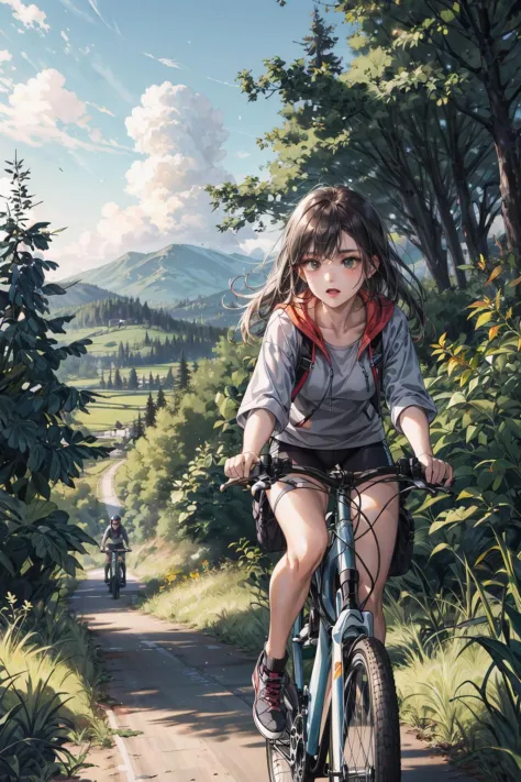 1 chica  , Montando una bici, paisaje