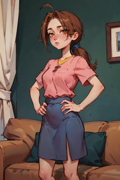 a cartoon girl standing in front of a couch with a pink shirt and blue skirt