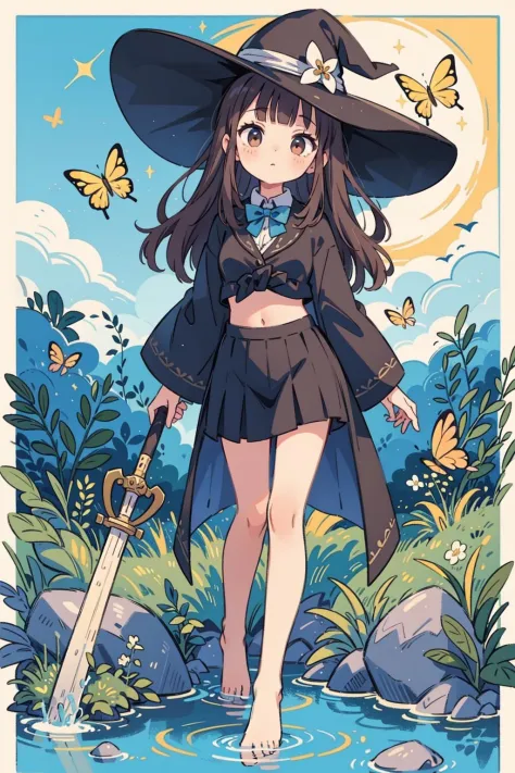 colorful butterfly,full body,witch hat,(detailed face:1.2),((Tarot border)),The portrait is centered,(no weapon),medium hair,blunt bangs,brown eyes,standing,medium breasts,robe,Magic robe,Perfect body,Tie,(mature woman),bangs,long hair,(female teacher),ple...