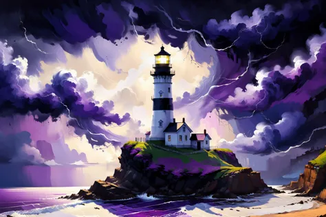 purple storm clouds, light house on a cliff, layered paint, black and purple diagonal background, black and white <lora:xl_more_...