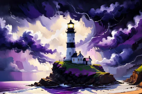 painting of a lighthouse on a rocky island with a purple sky