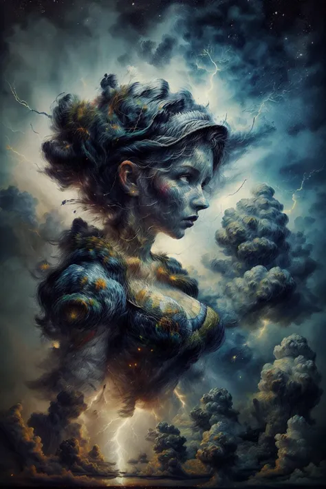 a digital painting of a woman with a cloud and lightning in the background