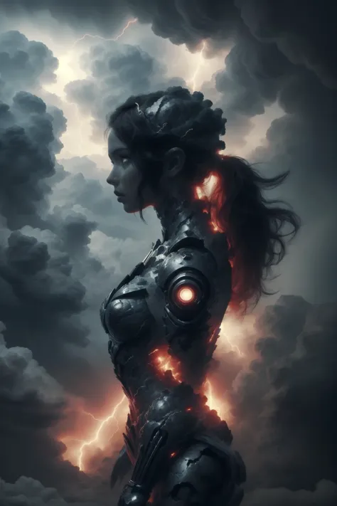 a woman in a futuristic suit standing in front of a cloudy sky