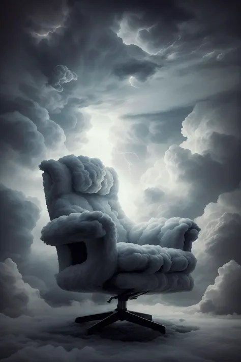 a chair with clouds in the background and a sky full of clouds