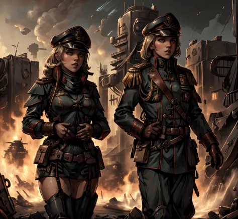 Militärstars, Kommissaruniform, imperiale Wache, Soldat, Hintergrund ist eine riesige Stadtlandschaft, zerstörte futuristische Stadt, Retrofuturismus, 1940er Jahre, von J Scott Campbell, von Greg Rutkowski, 1 Mädchen, Frau, Fit, emb-haiz gemischt mit f4yegr4nt gemischt mit EmWat69 gemischt mit sydsweeney97 gemischt mit K4yl4J0n3s01