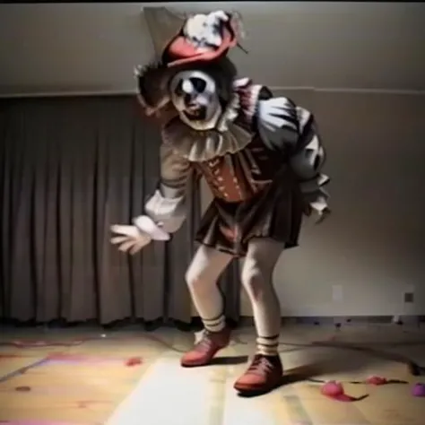 vhs footage, creepy clown, standing, horror (theme), vhs artifacts, scanlines, <lora:vhs_footage_4:1>