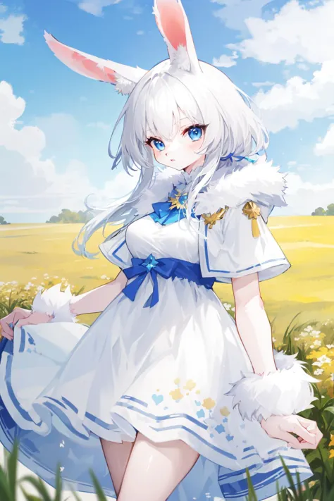 anime girl in a white dress with blue and white rabbit ears