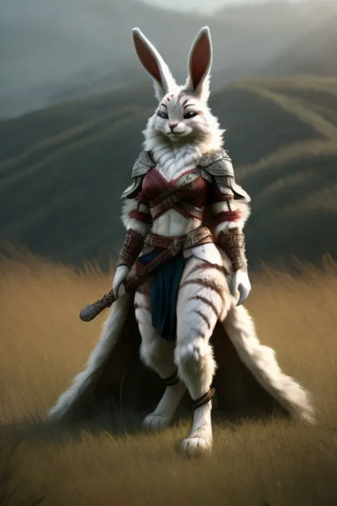 hyper realistic: human female/bunny warrior hybrid 70% human 30% bunny, furry,fur,"soft fur covering body" furry body, in grassl...