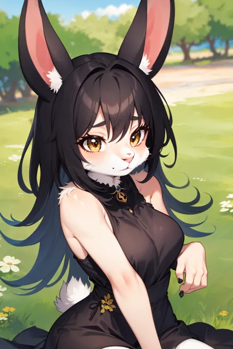 <lora:KitsuneAi-KemoUsagi-LoKr8V2-000018:0.9> (furry) rabbit girl, rabbit ears, medium breasts, (body fur), animal nose, black dress
BREAK
outdoors in a field