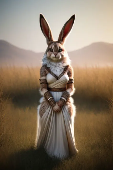 a woman in a dress with a rabbit on her back