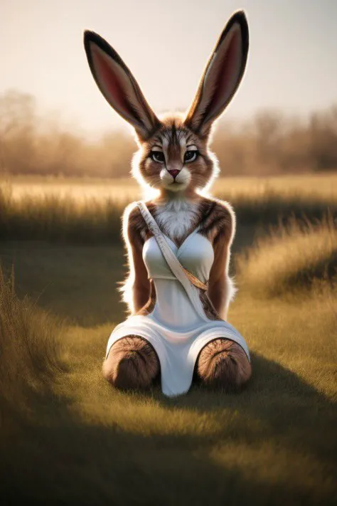 hyper realistic: human female/bunny warrior hybrid 70% human 30% bunny, furry,fur,"soft fur covering body" furry body, in grassl...