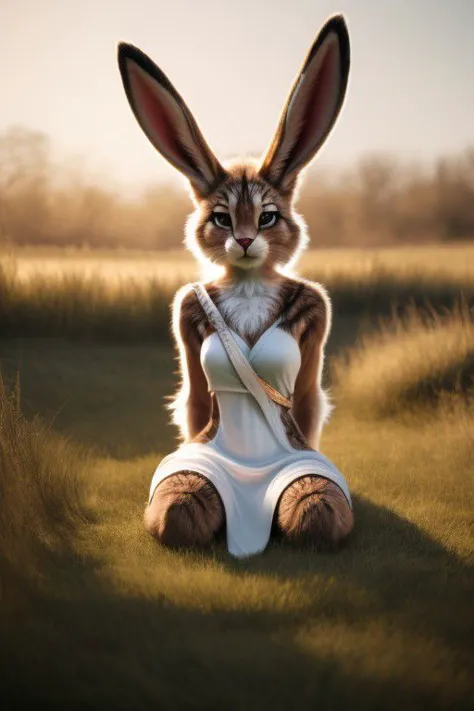 a rabbit with a bandage sitting in a field