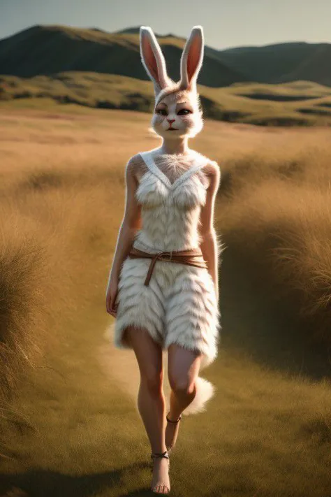 hyper realistic: human female/bunny warrior hybrid 70% human 30% bunny, furry,fur,"soft fur covering body" furry body, in grasslands surrounded by wood's