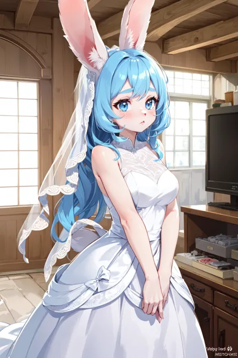 anime - style image of a woman in a wedding dress with bunny ears