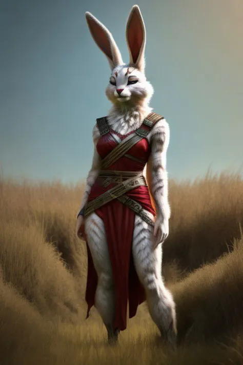 hyper realistic: human female/bunny warrior hybrid 70% human 30% bunny, furry,fur,"soft fur covering body" furry body, in grasslands surrounded by wood's