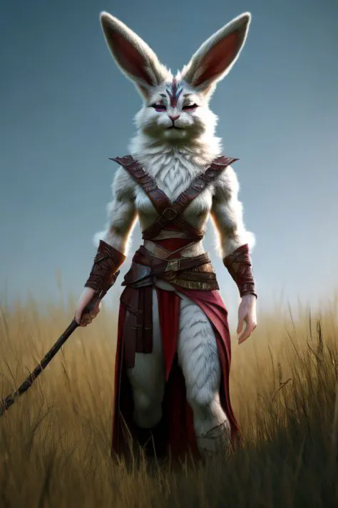 hyper realistic: human female/bunny warrior hybrid 70% human 30% bunny, furry,fur,"soft fur covering body" furry body, in grasslands surrounded by wood's