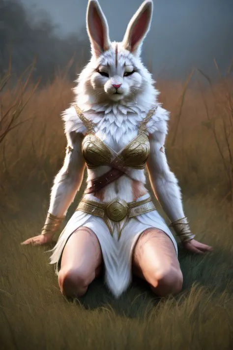 hyper realistic: human female/bunny warrior hybrid 70% human 30% bunny, furry,fur,"soft fur covering body" furry body, in grasslands surrounded by wood's