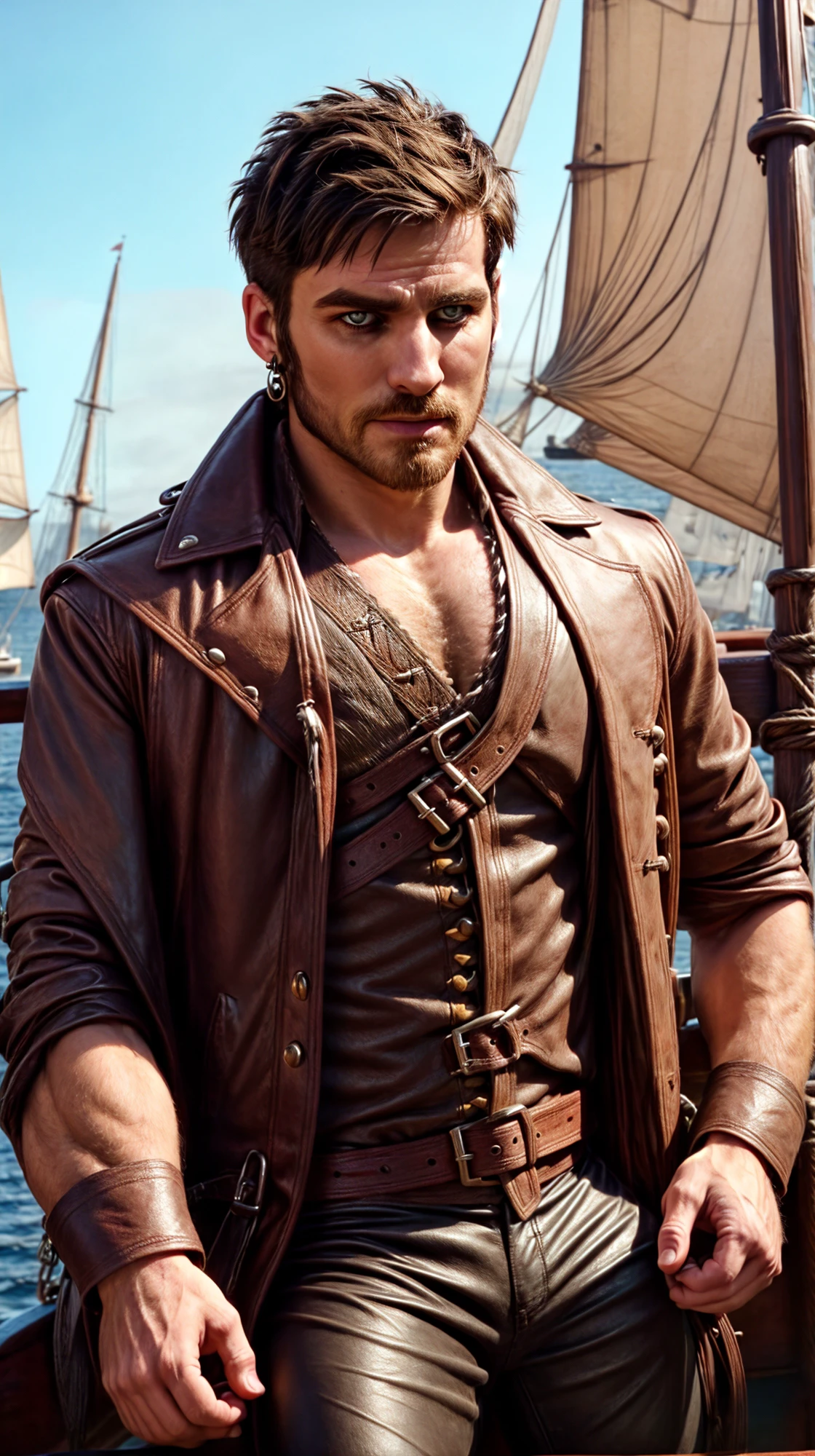 (мужской род:1.3), красивый face, (крупный план:0.7), (((короткие волосы:1.3))), на деревянном корабле:1.2, носить кожаные штаны, (мускулистый парень в пиратском кожаном пальто и рубашке:1.2), уверенный, красивый, (((шедевр))), (((Лучшее качество))), (короткие волосы), Мужской, КапитанКрюкКиллиан,  
