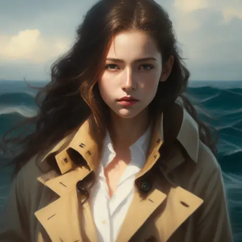 1girl, block paint depicting a beautiful  detective in a ocean environment, posed portrait study, she is wearing a trench coat, ...