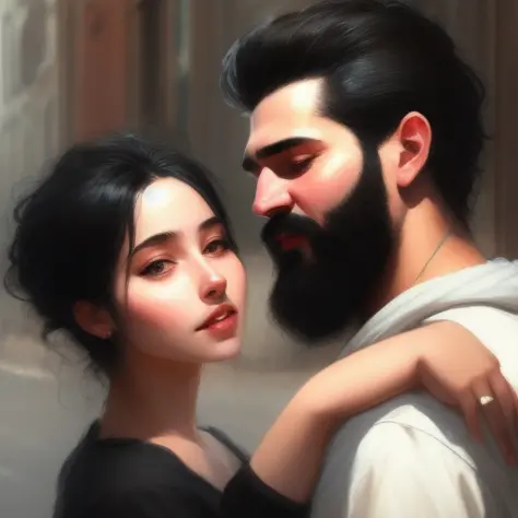 block paint depicting a beautifil young woman with black hair kissing a young bearded man in (city of istanbul:0.001), posed character portrait design study, backlit, light rays, highly detailed, trending on artstation