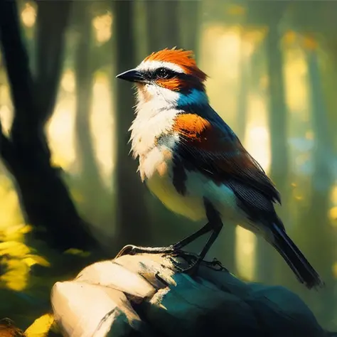 oil paint, forest environment art, bird on rock, block print paint portrait, posed character design study, backlit, light rays, highly detailed, trending on artstation