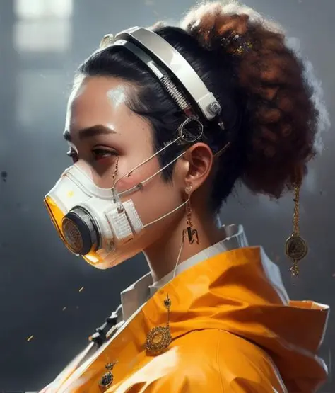 wide profile angle of character wearing a lab coat and jewellery and hazmat mask, (((man))), a detailed painting, cgsociety, det...