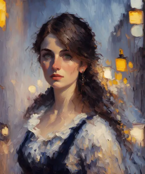 painting of a woman portrait, art by Pissarro, dynamic, (large brush strokes:1.6), acrylic, inspired by the painting 'Montmartre Night' by Camille Pissarro, ('shadow recovery'), HDR, artstation hd, painting masterpiece, featured on unsplash, dramatic lighting, [[blue]]