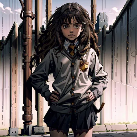 1girl, solo focus, child, brown eyes, (11 year old), a young girl standing at school gate, white shirt, untucked shirt, grey ski...