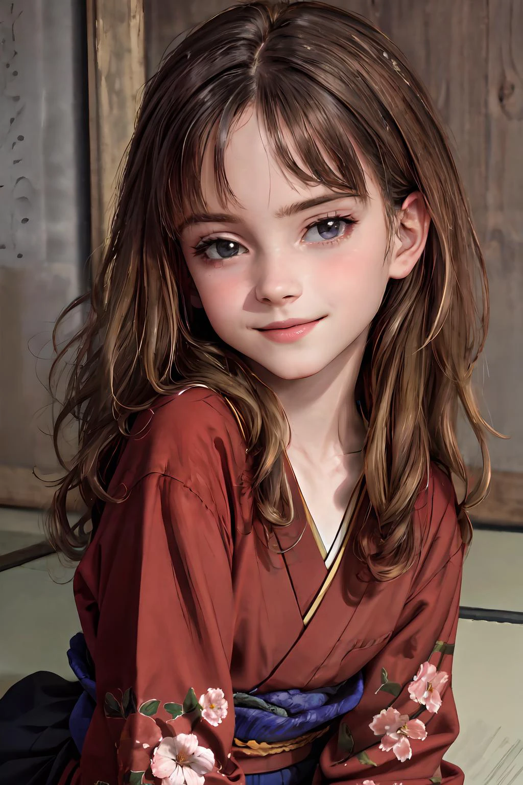 Obra de arte, alta qualidade, 1 garota, , Sozinho, Rosto 3D,andando, tiro de vaqueiro, cabelo longo, Sozinho, Sorriso,
Hermione Granger,quimono, japanese quimono, realista,pele brilhante, vista frontal, pele brilhante, ajoelhado,  Muitas flores,
lindo rosto e olhos altamente detalhados, Pele bonita,escola de anatomia perfeita, Fundo simples,