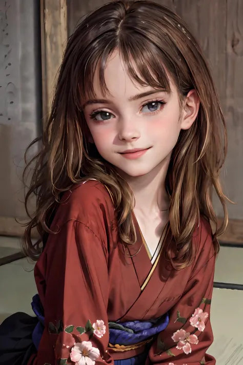 masterpiece, high quality, 1girl, child, solo, 3d face,walking, cowboy shot, long hair, solo, smile,
Hermione Granger,kimono, japanese kimono, realistic,lustrous skin, front view, shiny skin, kneeling,  many flowers,
highly detailed beautiful face and eyes, beautiful skin,perfect anatomy <lora:add_detail:0.3> school, <lora:Fonglets_Hermione_Granger:0.68>  simple backgorund,